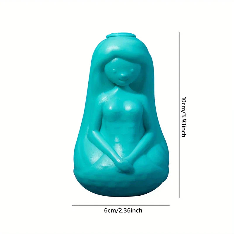 Automatic Toilet Bowl Cleaner - Turquoise seated mermaid-shaped object with height and width dimension markings