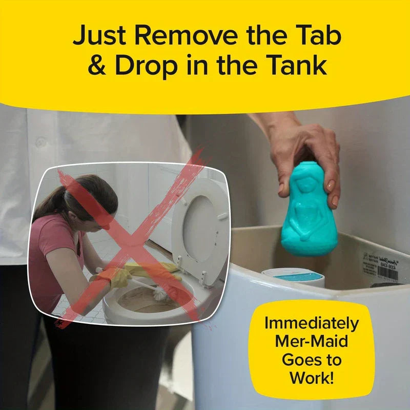 Automatic Toilet Bowl Cleaner - Hand holding turquoise mermaid object over open toilet tank, with crossed-out illustration of a person scrubbing a toilet