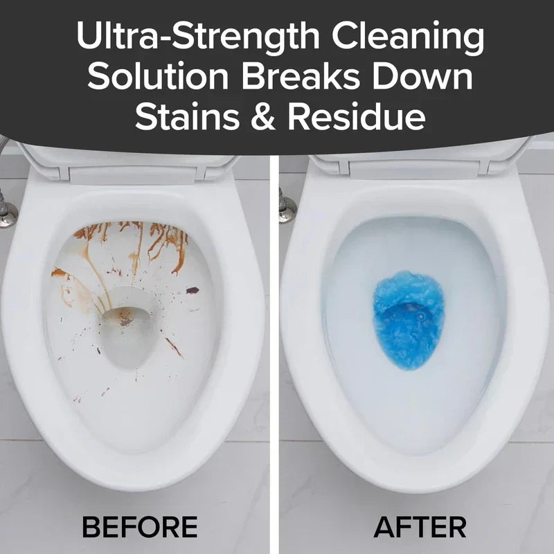 Automatic Toilet Bowl Cleaner - Split comparison: stained toilet bowl labeled BEFORE, clean toilet with blue water labeled AFTER