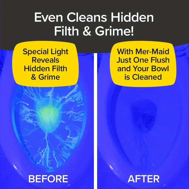 Automatic Toilet Bowl Cleaner - Two-panel comparison of a toilet under blue light, showing hidden grime before cleaning and no visible grime after