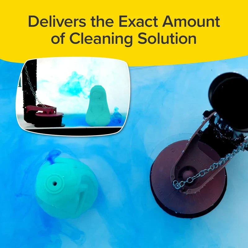 Automatic Toilet Bowl Cleaner - Toilet tank interior with a light green dispenser releasing blue solution near the flush valve
