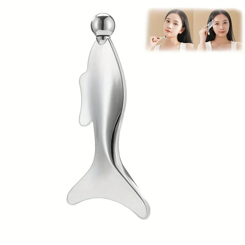 Gua Sha Facial Massager - Mermaid wing shaped facial massage tool with inset demo images showing use on jawline and temple