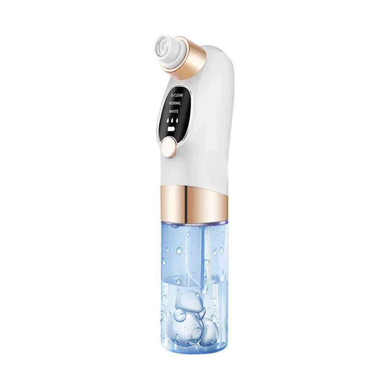 Beauty Device - White and rose gold handheld micro bubble cleansing tool with control panel and transparent water reservoir filled with bubbly liquid