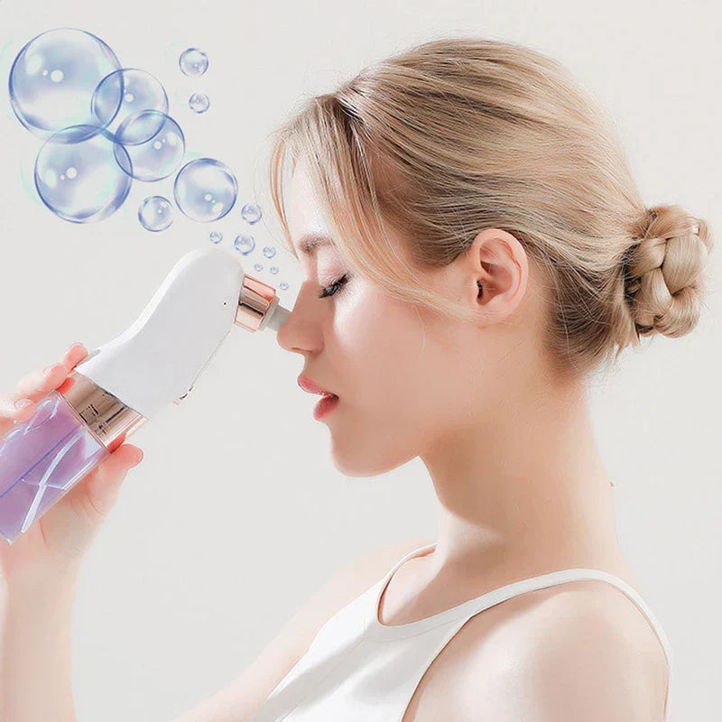Beauty Device - Woman using the device on her nose, with clear soap bubbles illustrated near the tip