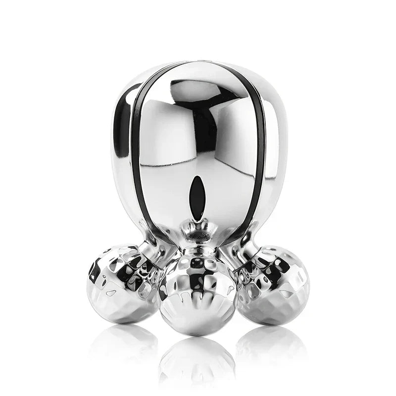 Roller Massager - Polished chrome handheld facial massage tool with three spherical roller heads