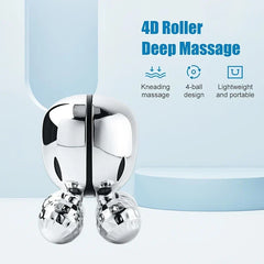 Roller Massager - Polished chrome facial massage tool with feature callouts for kneading massage, 4-ball design, and portable lightweight build