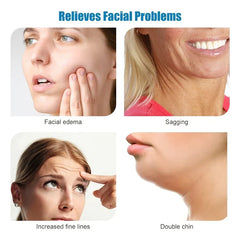 Roller Massager - Four-panel graphic showing common facial concerns: facial edema, sagging skin, increased fine lines, and double chin