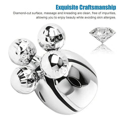 Roller Massager - Silver-toned 4-ball massager with diamond-cut textured surfaces, shown next to a clear faceted diamond illustration