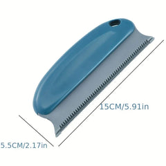 Dusting Brush - Blue-handled pet hair removal brush with size dimensions labeled: 15 cm length, 5.5 cm width, serrated gray edge and hanging hole