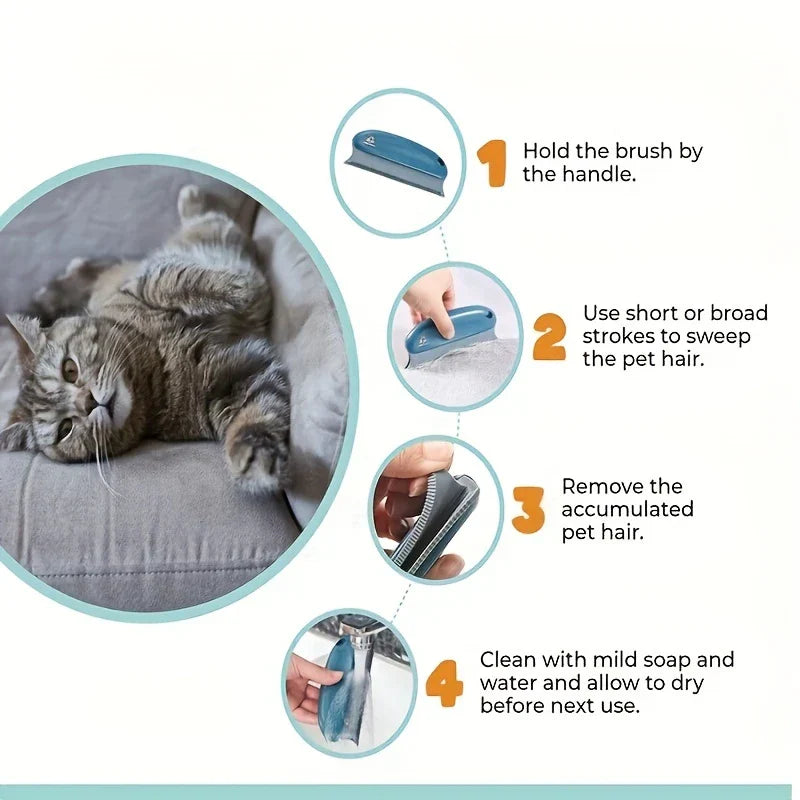 Dusting Brush - Four-step usage guide for the brush, with cat on couch image and numbered instruction illustrations and text