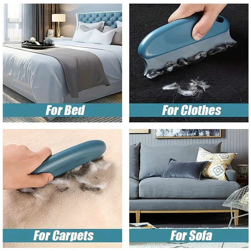 Dusting Brush - Four-panel grid showing the brush used on a bed, clothing, carpet, and sofa