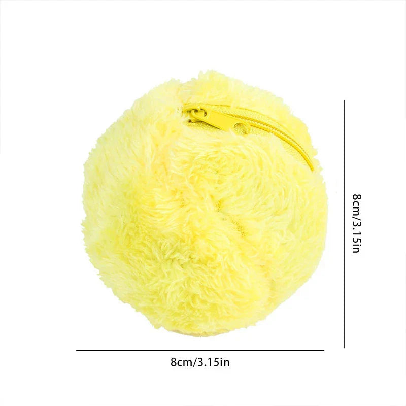 Microfiber Robotic Mop Ball Cleaner - Light yellow round fluffy object, 8cm in diameter, showing a yellow zipper at the top, on a white background