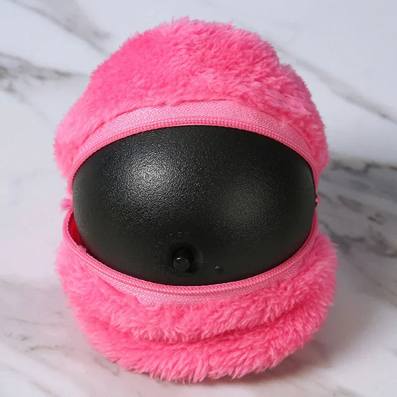 Microfiber Robotic Mop Ball Cleaner - Partially unzipped bright pink plush round case revealing black plastic inner ball, on marble surface.