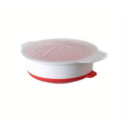 Microwave Egg Cooker - Closed round cooking bowl with translucent vented lid, white body, and red base tab