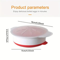 Microwave Egg Cooker - White and red round egg cooker with lid, showing its size dimensions in centimeters and inches on a white background.