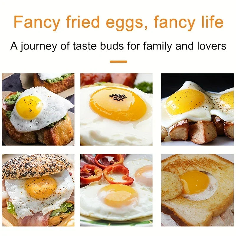 Microwave Egg Cooker - Six photos of cooked fried eggs served in various meal preparations, arranged in a two-row grid.