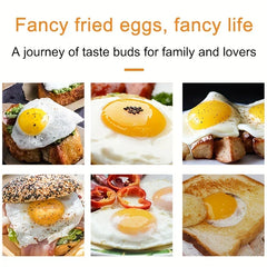 Microwave Egg Cooker - Six photos of cooked fried eggs served in various meal preparations, arranged in a two-row grid.