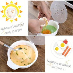 Collage showing steps to use a microwave egg cooker: cracking a raw egg into the lidded container, finished cooked egg custard inside, plus breakfast-themed graphics.