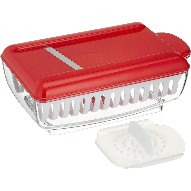 Potato Chip Slicer - Assembled chip making set with clear base, red lid, slotted white rack, and separate handheld slicer displayed on a white background