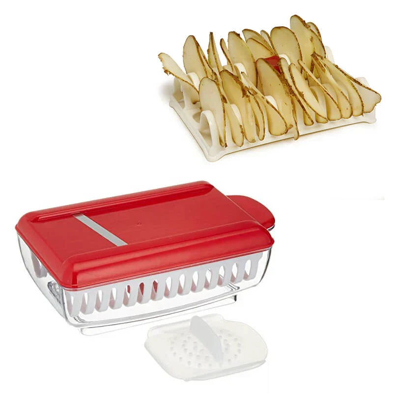 Potato Chip Slicer - Set components shown alongside the slotted rack loaded with thin raw potato slices ready for cooking