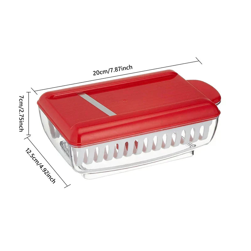 Potato Chip Slicer - Red-lidded clear plastic kitchen tool with dimensions marked: 20cm long, 12.5cm wide, 7cm tall