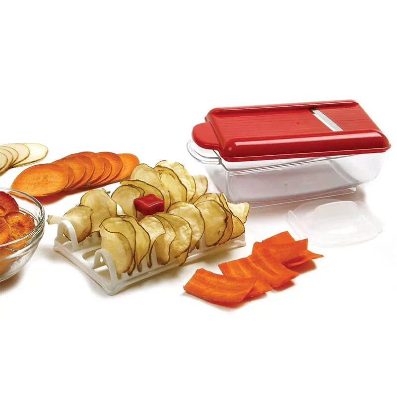 Potato Chip Slicer - Red-lidded slicer container displayed with sliced raw vegetables, cooked chips, and separate insert pieces
