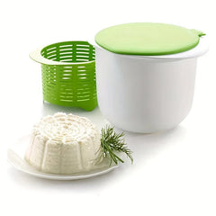 Ricotta Cheese Maker - Disassembled kit parts displayed next to a finished block of fresh ricotta garnished with dill
