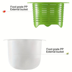 Ricotta Cheese Maker - Labeled view of the perforated green strainer basket and solid white outer container, noting food-grade PP construction