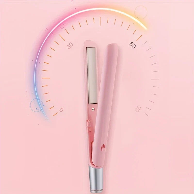 Travel Hair Styler - Open pink styling tool with heating plate visible, set against pink background with heat-up graphic
