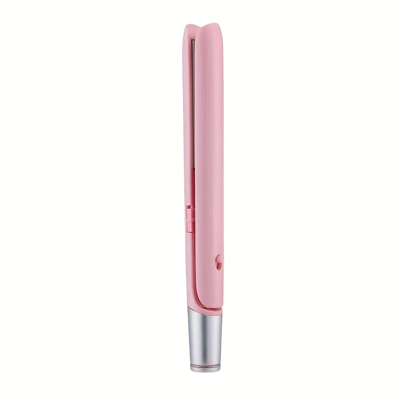 Travel Hair Styler - Closed pink styling tool with silver base, standing upright against white background