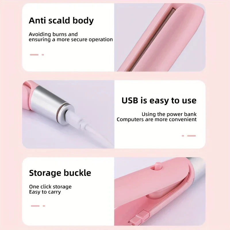 Travel Hair Styler - Three-panel feature graphic showing anti-scald body, USB power connection, and storage buckle details