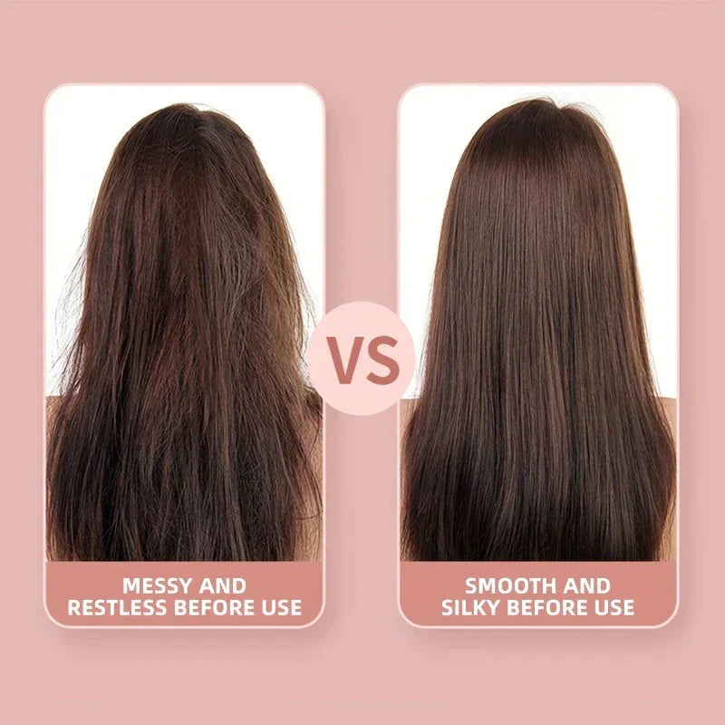 Travel Hair Styler - Before and after comparison of back view of long brown hair: left is messy frizzy hair, right is smooth straight hair, with VS text between
