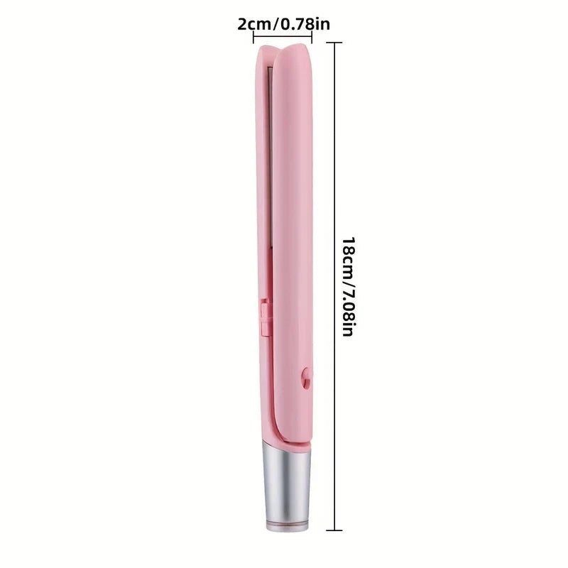 Travel Hair Styler - Pink handheld hair styling tool with size dimensions: 18cm long, 2cm wide at top, white background