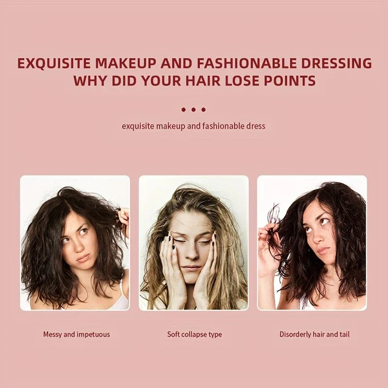 Travel Hair Styler - Three images of women with problem hair types against pink background, with descriptive text labels below each photo