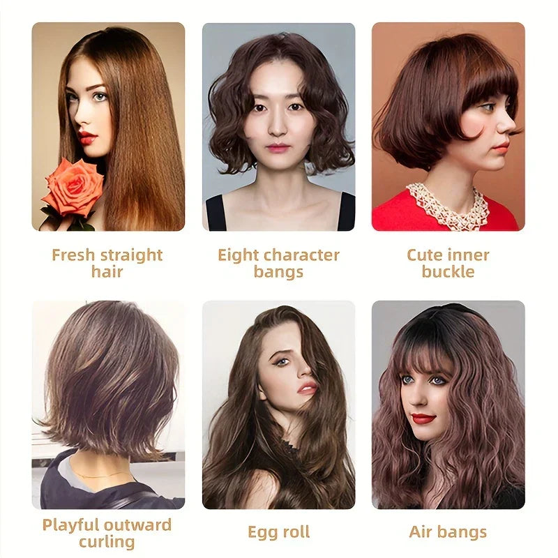 Travel Hair Styler - Grid showing six women's hairstyle examples, each labeled with a style name below the portrait photo