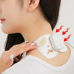 Adhesive Hook Loop Dots Stickers - Decorative pad with control unit applied to the back of a person's neck, with a hand adjusting the pad