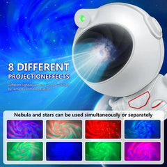 Mini Astronaut Projector - Astronaut-shaped light projecting blue starry nebula, with graphic showing 8 available projection effect options and note that nebula and stars can be used separately or together