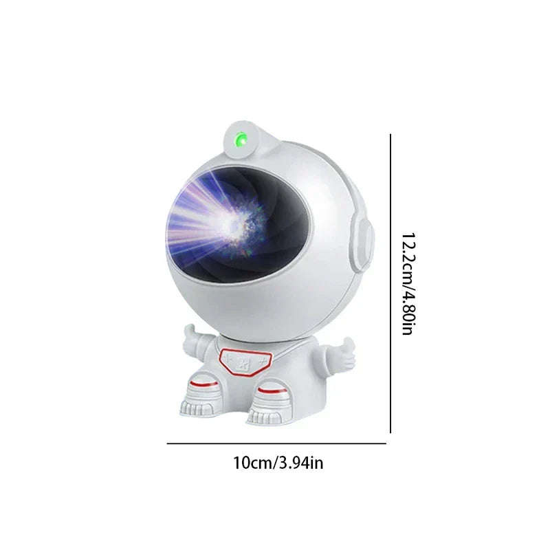 Mini Astronaut Projector - Small white astronaut-shaped light projector, shown with dimension labels for height and width, front-facing view.