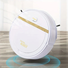 Robot Vacuum - White robotic sweeper with a gold stripe, start button, and side brushes, placed on a wooden floor.