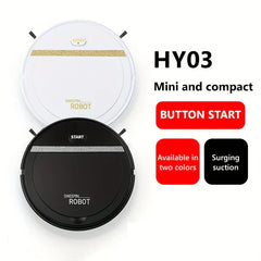 Robot Vacuum - Two robotic sweepers (white and black) shown with size and feature text to their right.