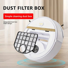 Robot Vacuum - Open unit displaying integrated filtered dust box removed for easy emptying and cleaning