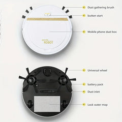 Robot Vacuum - Diagram labeling top and bottom parts of a white round robotic sweeper with callouts for its components