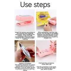 Heat Sealer - Four-panel instructional graphic demonstrating step-by-step use of the handheld sealing tool, including battery installation, sealing technique, finished seal, and post-use protective cover replacement