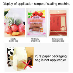 Heat Sealer - Chart showing applicable bag types for the sealer, with pure paper packaging marked as not usable