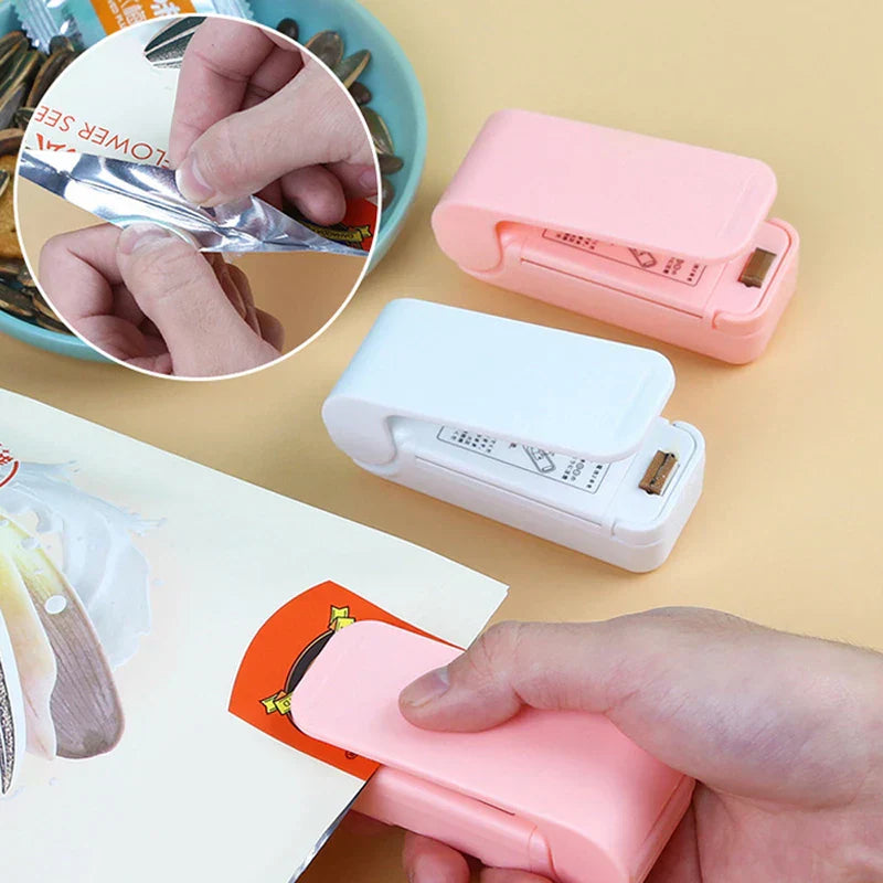 Heat Sealer - Hand holding a pink mini bag sealer sealing a snack bag, with a second pink sealer, a white sealer, and a inset showing foil sealing in use.