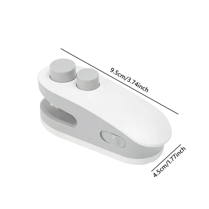 Heat Sealer Mini - Mini rechargeable handheld sealing tool with size dimensions marked, white and grey two-tone design.