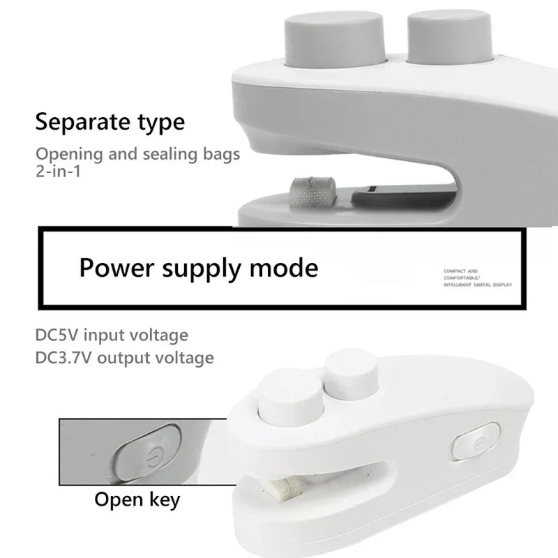 Heat Sealer Mini - 2-in-1 bag sealer with labeled open key and power supply specifications