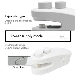 Heat Sealer Mini - 2-in-1 bag sealer with labeled open key and power supply specifications