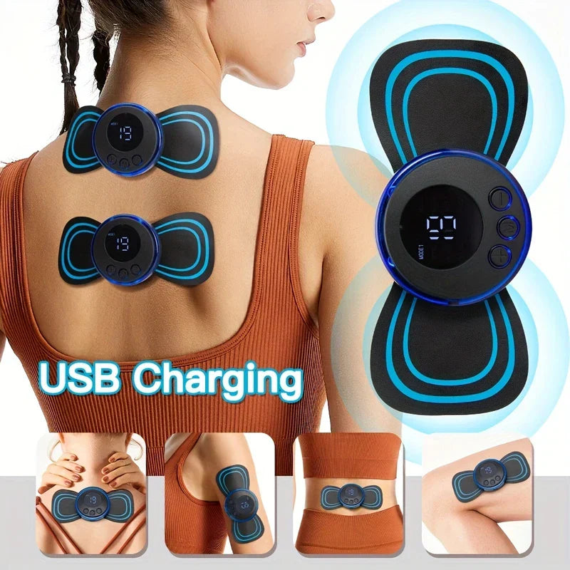 Cervical Massage Stimulator Patch - USB rechargeable butterfly-shaped massage unit shown applied to upper back and neck, with closeup of control module and examples of placement on arm, waist, and leg
