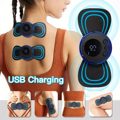 Cervical Massage Stimulator Patch - USB rechargeable butterfly-shaped massage unit shown applied to upper back and neck, with closeup of control module and examples of placement on arm, waist, and leg